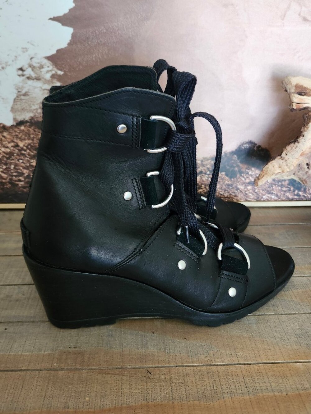 Sorel Black Lace-Up Wedge Sandals